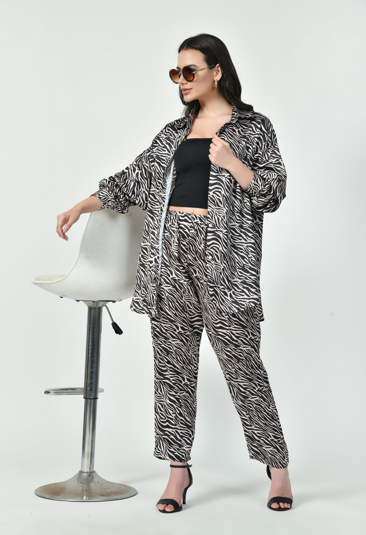 Glamoura X Zebra Print Japanese Satin Co-ord Set | Black & Brown Modest Wear
