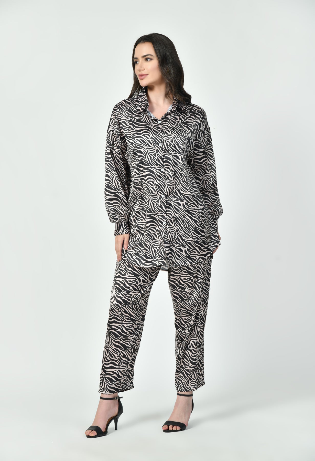 Glamoura X Zebra Print Japanese Satin Co-ord Set | Black & Brown Modest Wear