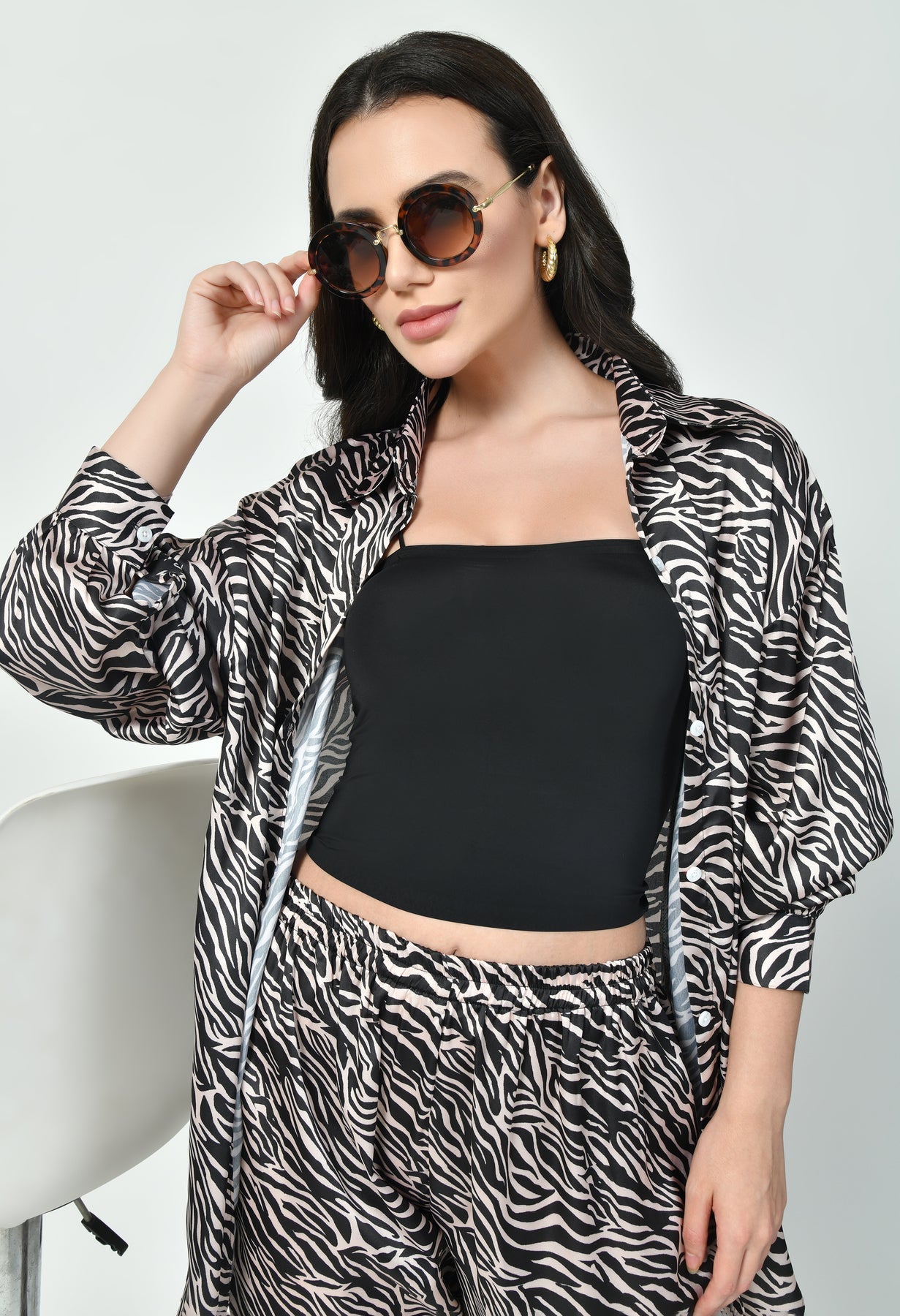 Glamoura X Zebra Print Japanese Satin Co-ord Set | Black & Brown Modest Wear
