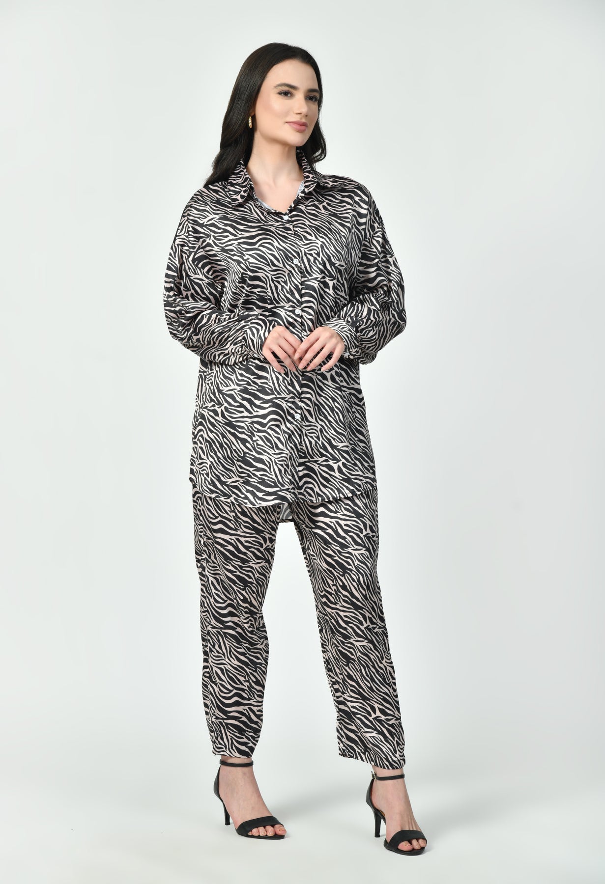 Glamoura X Zebra Print Japanese Satin Co-ord Set | Black & Brown Modest Wear