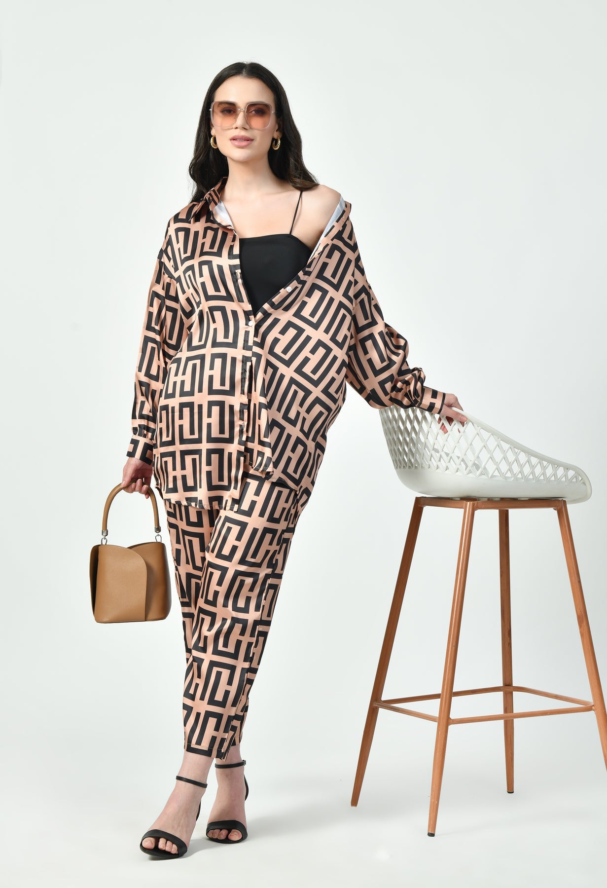 Glamoura X Blush & Black Geometric Japanese Satin Co-ord Set | Modest Luxury Wear