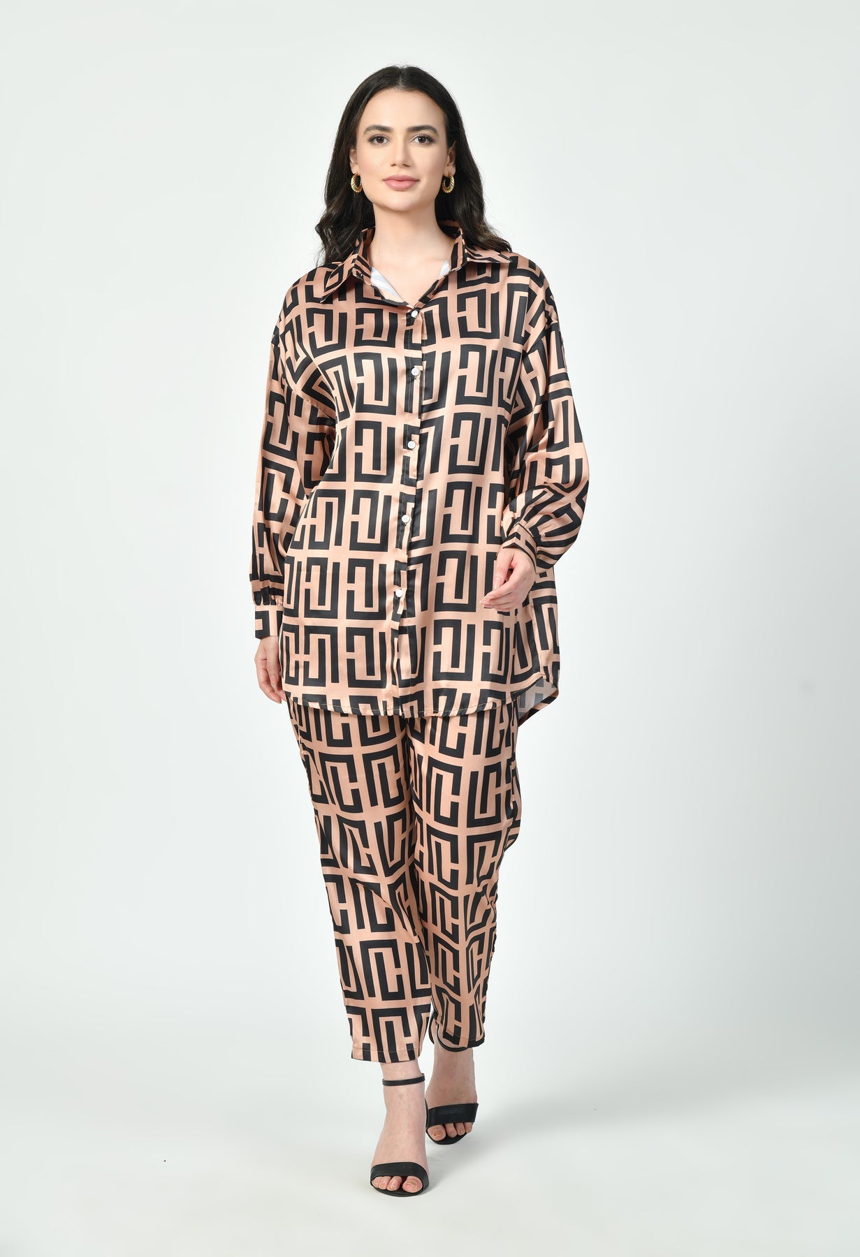 Glamoura X Blush & Black Geometric Japanese Satin Co-ord Set | Modest Luxury Wear