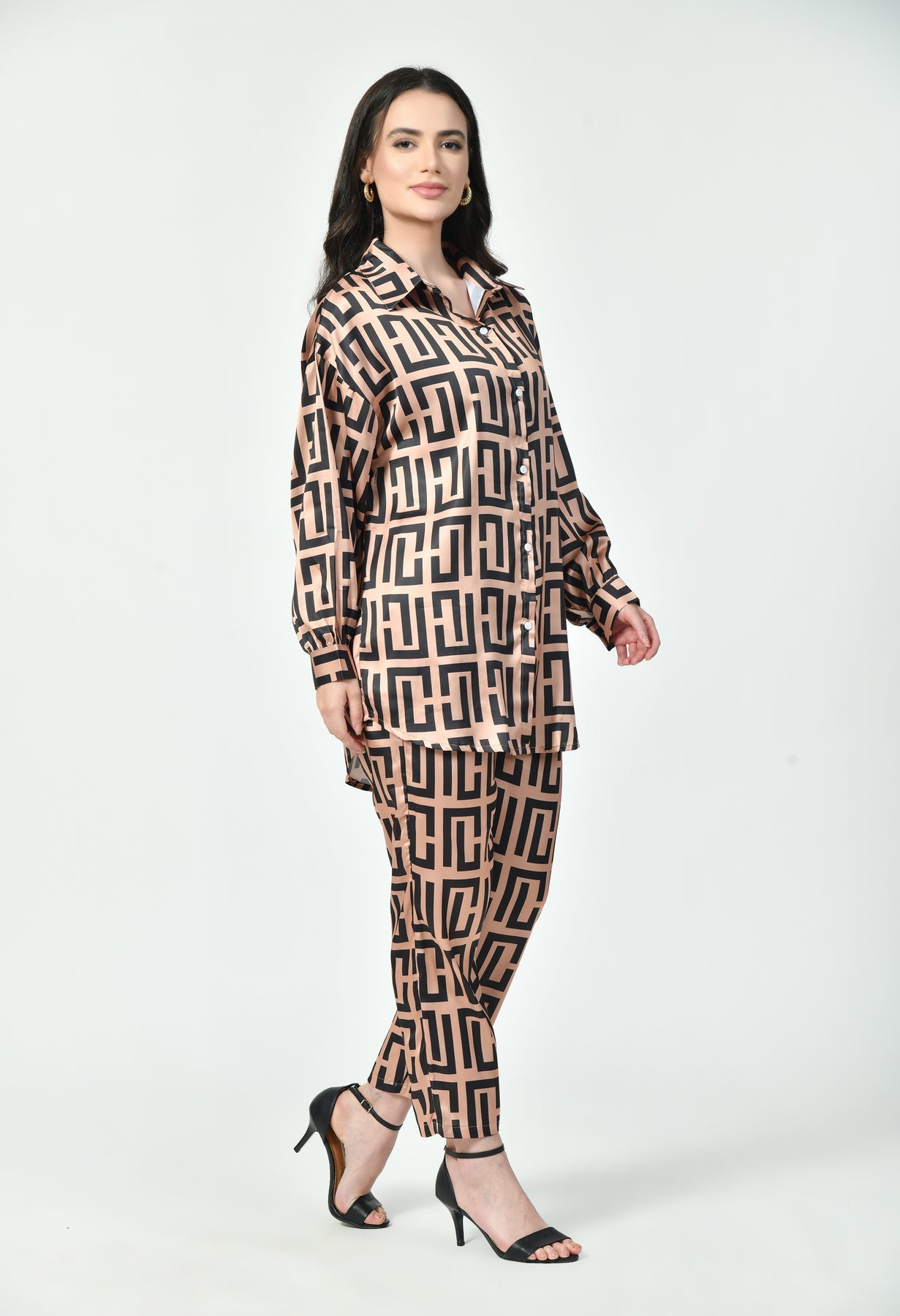 Glamoura X Blush & Black Geometric Japanese Satin Co-ord Set | Modest Luxury Wear