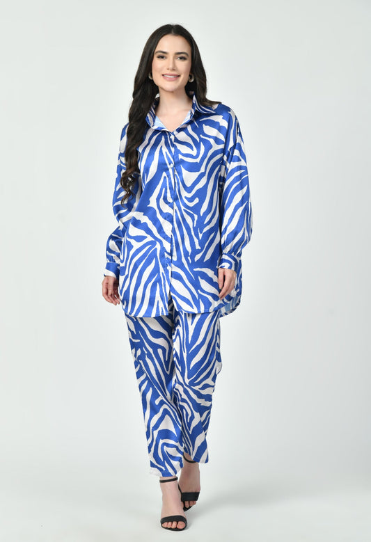 GlamouraX Modest Co-Ord Set – Blue & White Zebra Print | Japanese Satin
