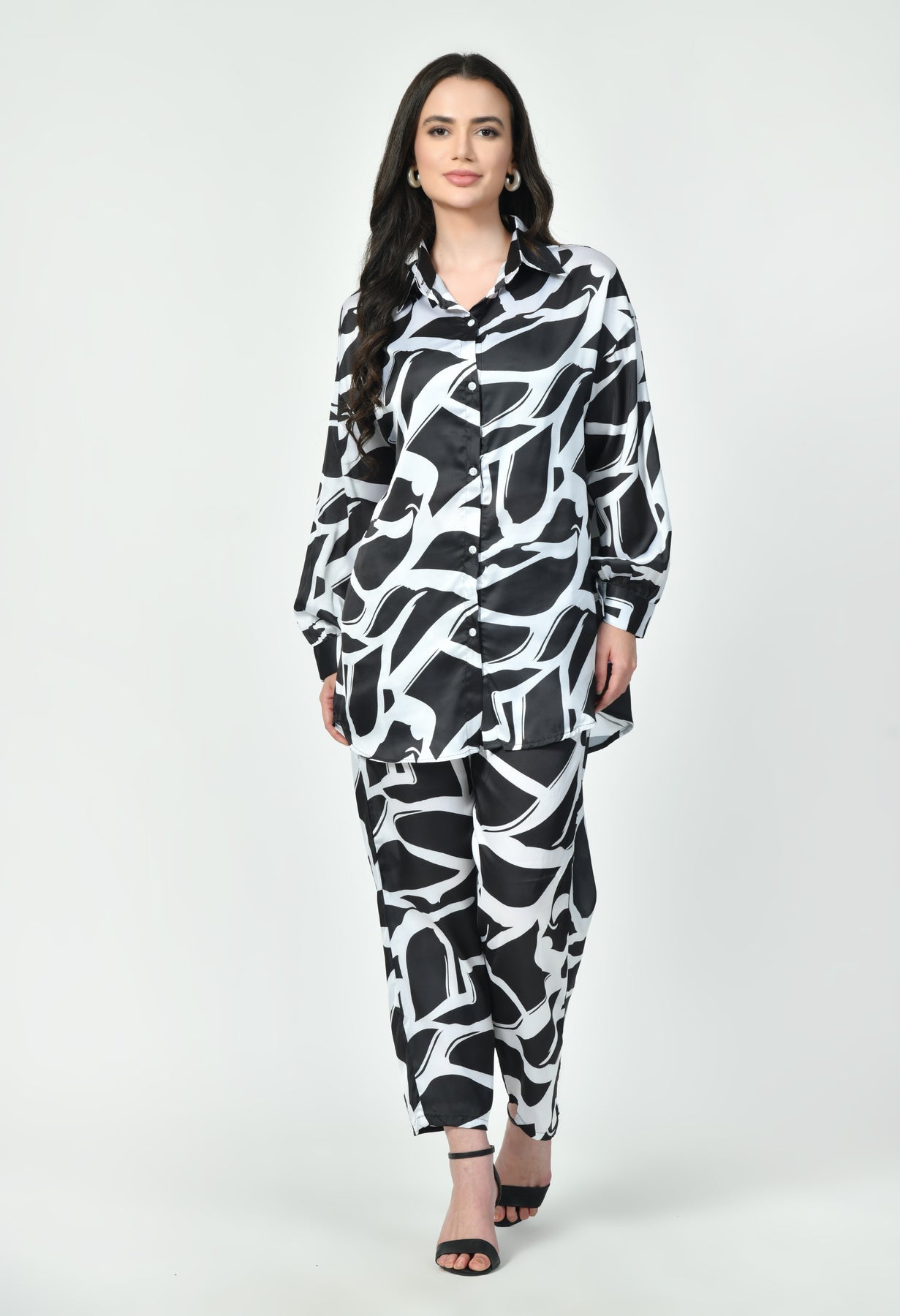 Glamoura X Black & White Abstract Japanese Satin Co-ord Set | Modest Luxury Wear