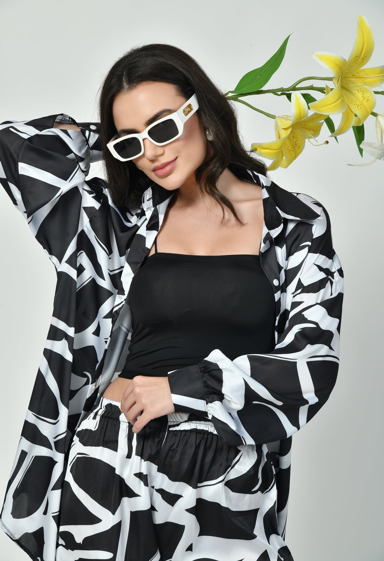 Glamoura X Black & White Abstract Japanese Satin Co-ord Set | Modest Luxury Wear