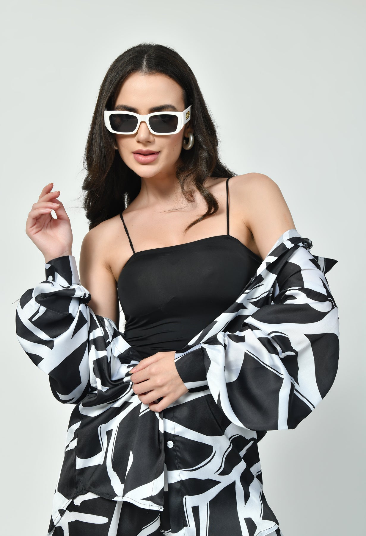 Glamoura X Black & White Abstract Japanese Satin Co-ord Set | Modest Luxury Wear