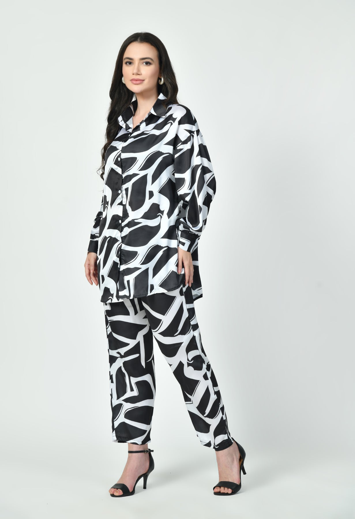 Glamoura X Black & White Abstract Japanese Satin Co-ord Set | Modest Luxury Wear