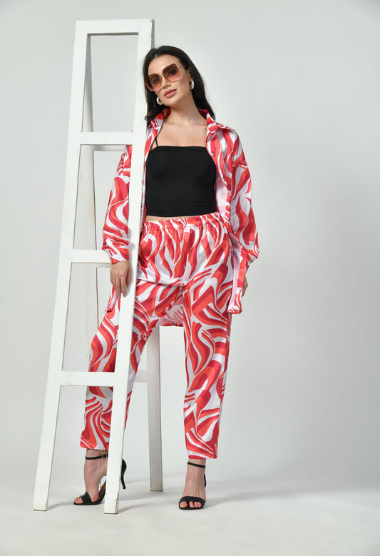 GlamouraX Modest Co-Ord Set – Red & White Swirl | Japanese Satin