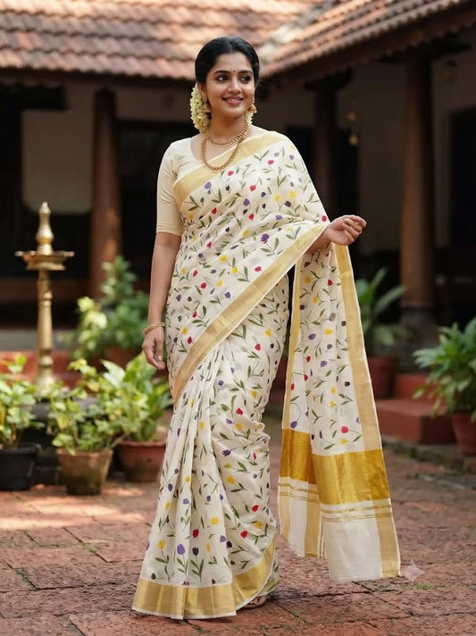 Tulip Tri-Color Kasavu Cotton Saree with Blouse | Kuthampully