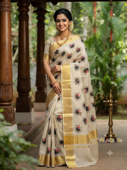 Mayura Motif Golden Kasavu Tissue Saree