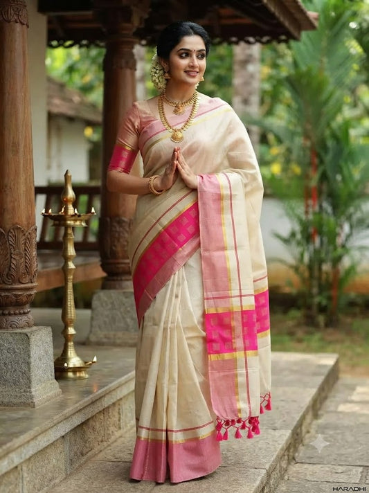 Pink Chathura Designer Tassel Tissue Saree