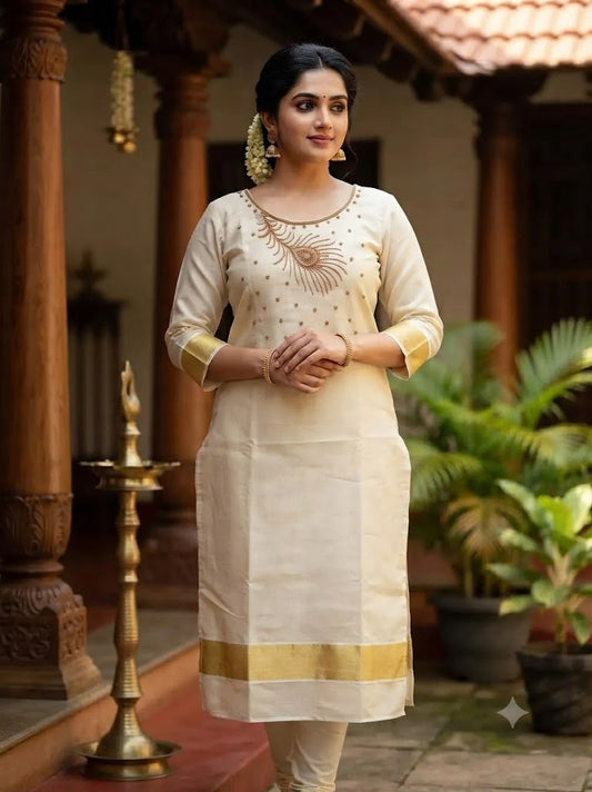 Golden Tissue Kurthi with Stone Work