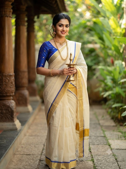 Premium Blue Kasavu Cotton Saree with Blouse