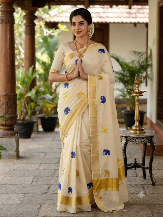 Berry Blue & Golden Gajah Embroidery Kasavu Tissue Saree