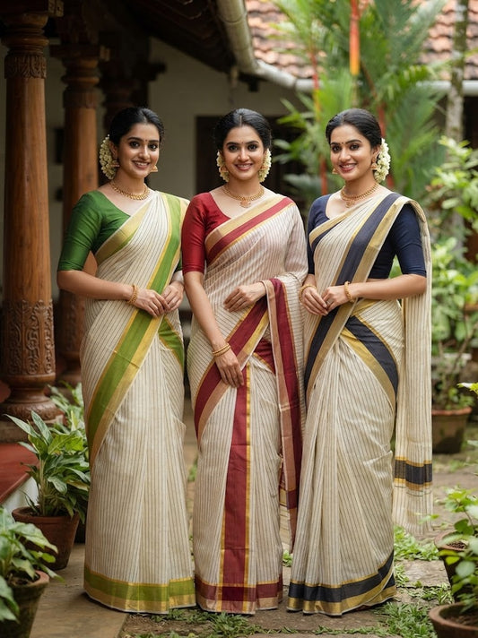Stripe Kasavu Cotton Set Saree with Running Blouse