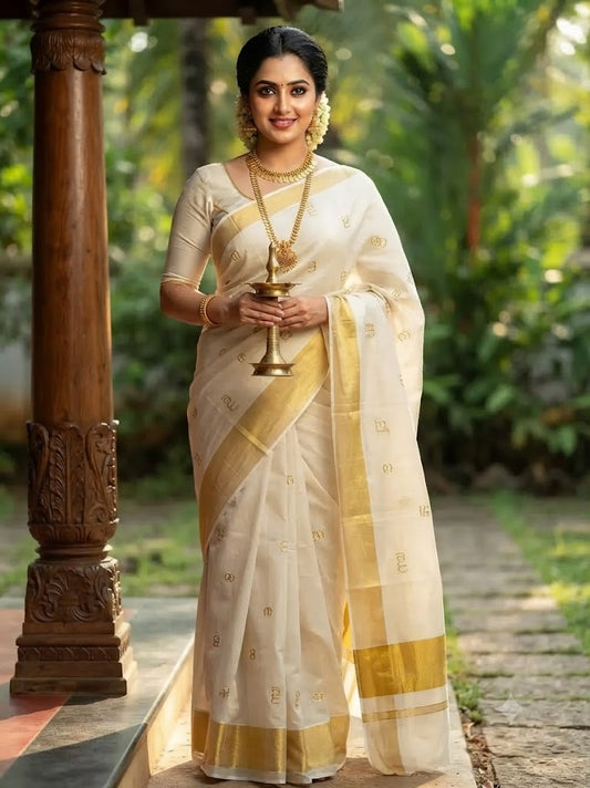 Aksharamala Golden Zari Kasavu Tissue Saree
