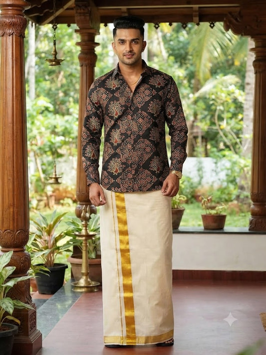 Mens Black Mayura Ajrakh Shirt with Kasavu Double Mundu Dhoti Combo
