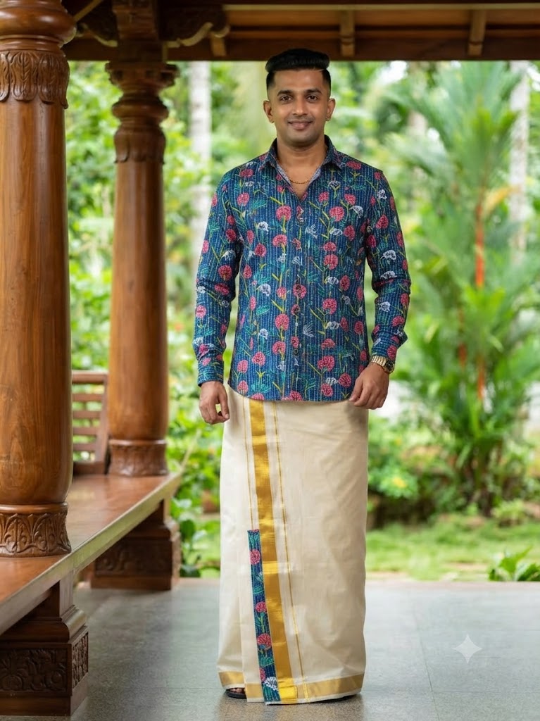 Mens Ajrakh Shirt with Mandarin Collar& Kasavu Double Mundu Dhoti