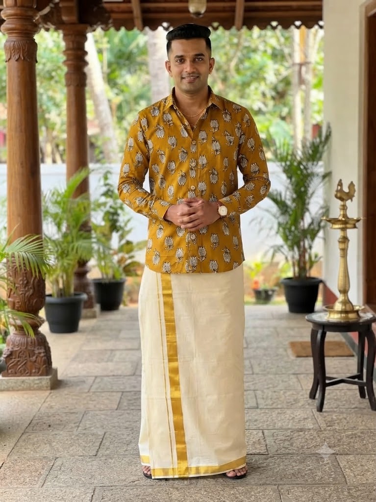 Lotus Mustard Ajrak Kasavu Mundu and Shirt Combo