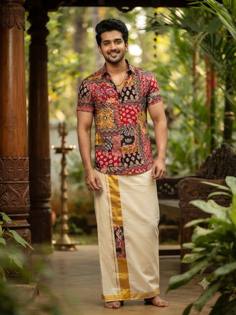 Multi-Color Men's Shirt and Kasavu Mundu Combo Set
