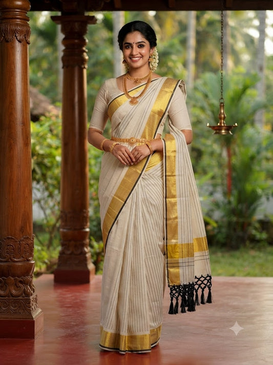 Tussel Tissue Kerala Saree with Black Border and Stripe Pallu – Kuthampully