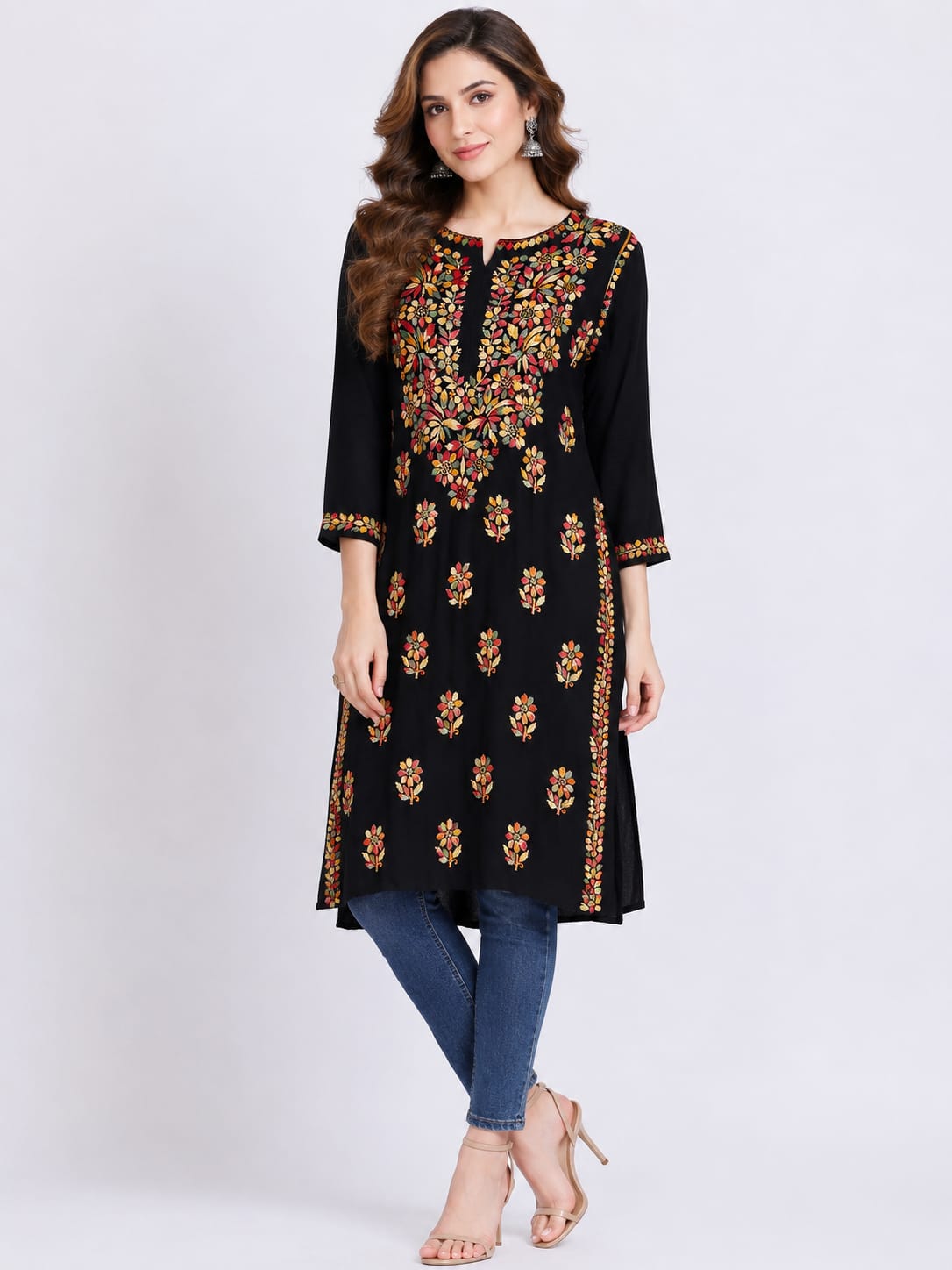 Black Muti colour thread kurthi rayon-Chickankari