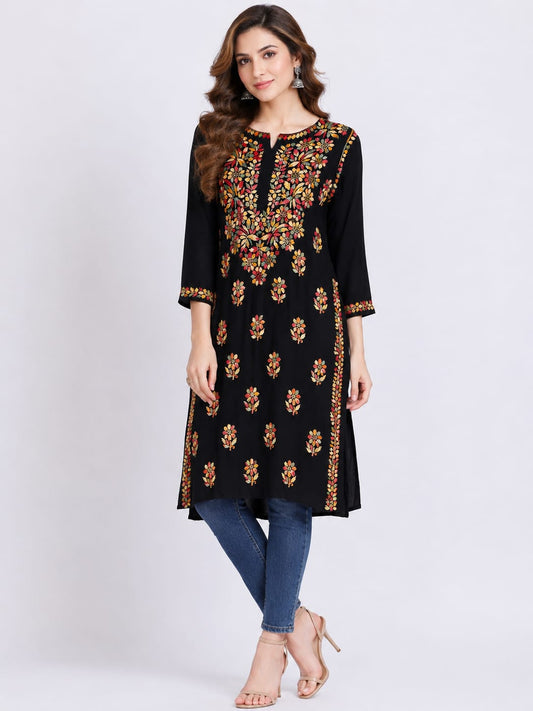Black Muti colour thread kurthi rayon-Chickankari