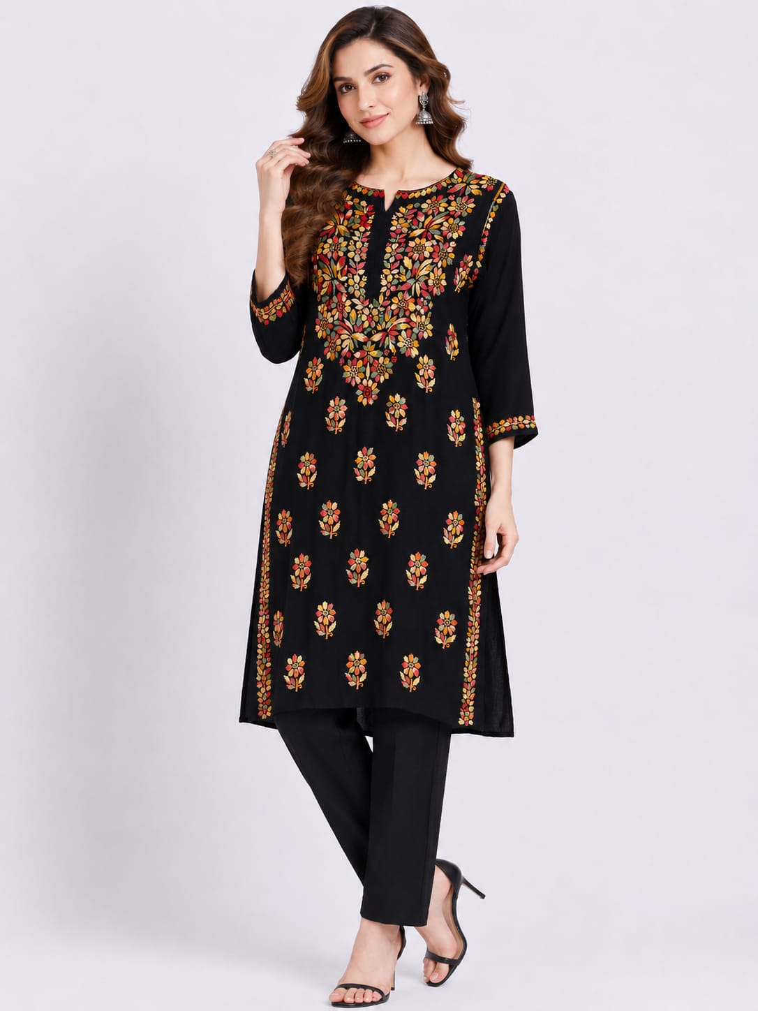 Black Muti colour thread kurthi rayon-Chickankari