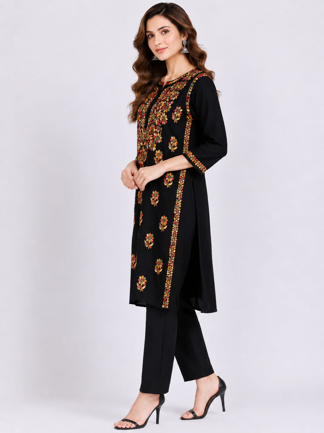 Black Muti colour thread kurthi rayon-Chickankari