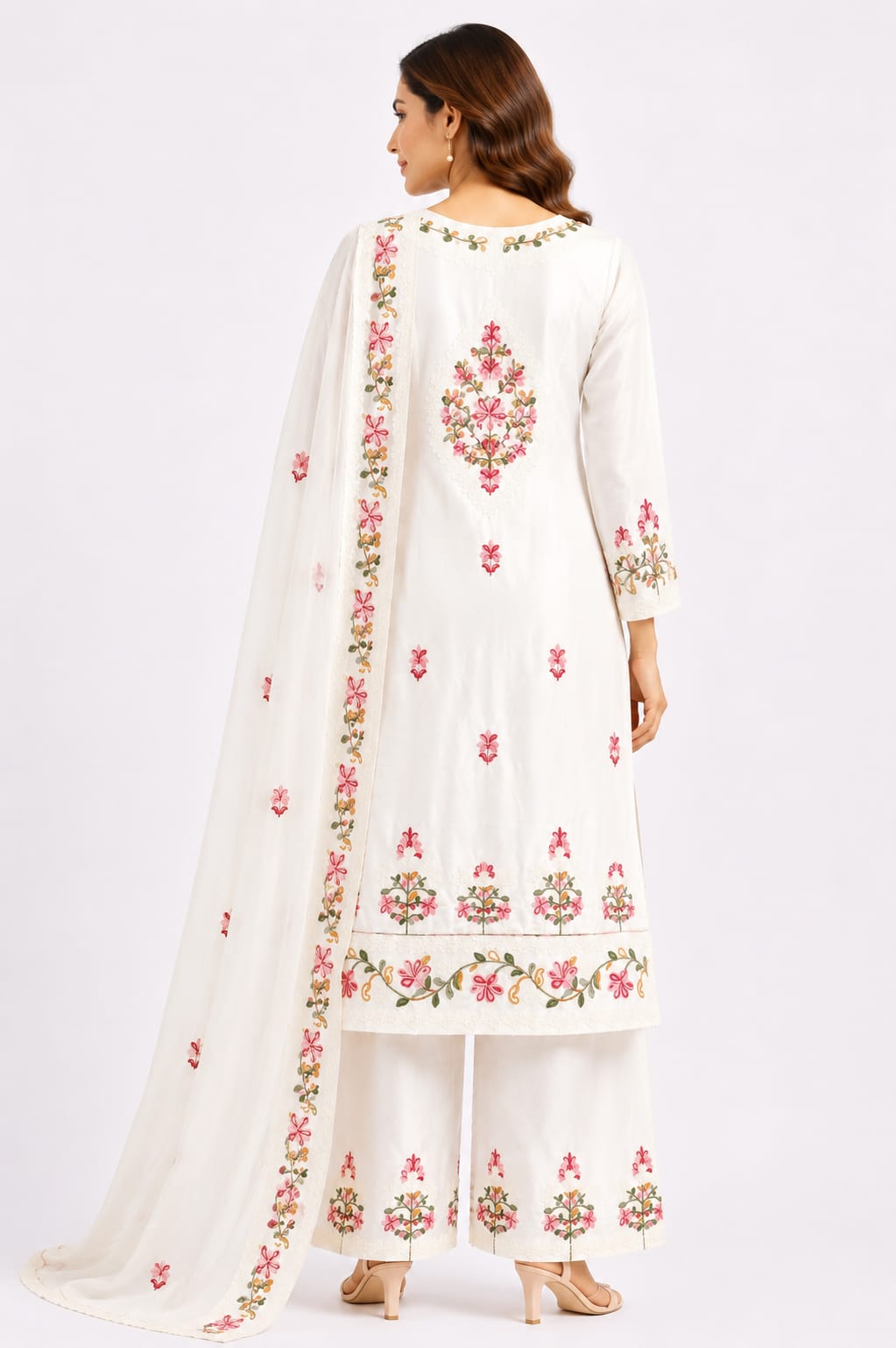Rayon White Multi color thread 3 pcs set - Kurti, Palazzo and Embroidered Dupatta