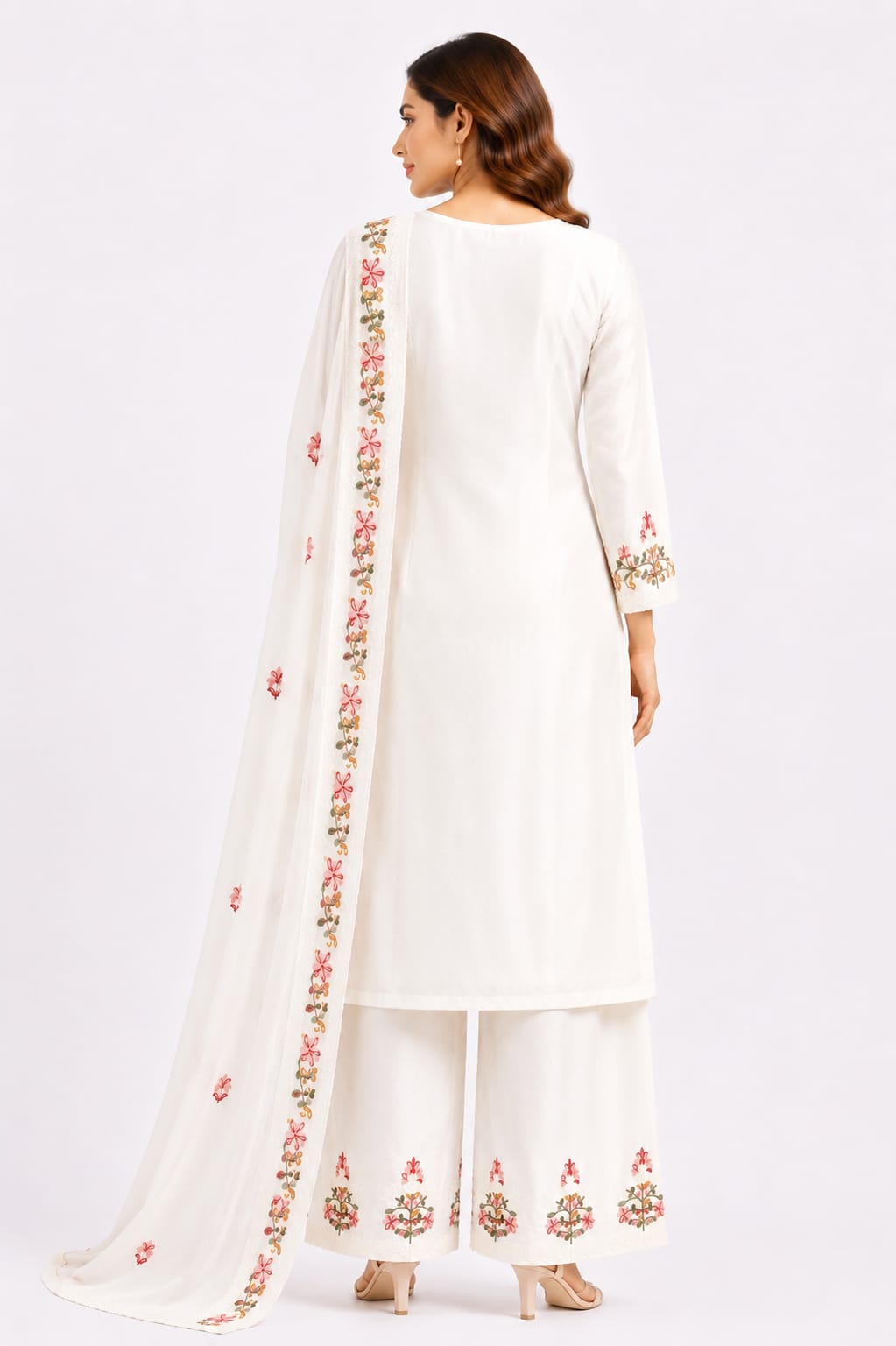 Rayon White Multi color thread 3 pcs set - Kurti, Palazzo and Embroidered Dupatta
