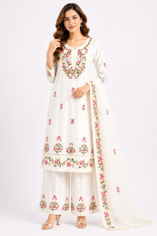 Rayon White Multi color thread 3 pcs set - Kurti, Palazzo and Embroidered Dupatta