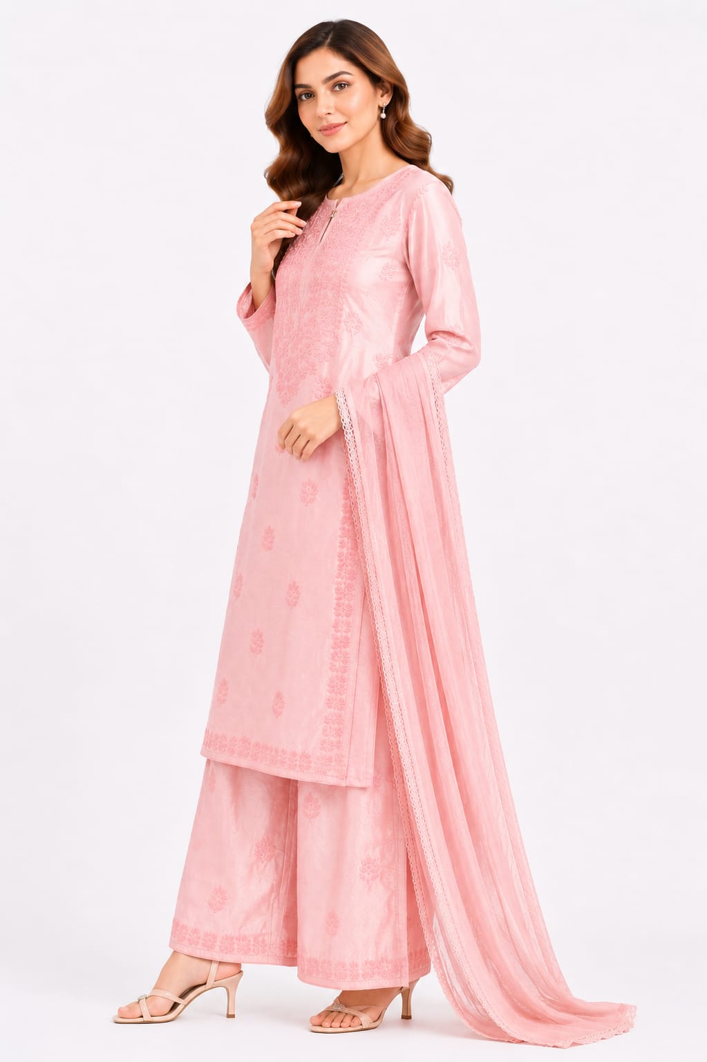 Mul chanderi 3 pcs set - Kurti, Palazzo and Dupatta