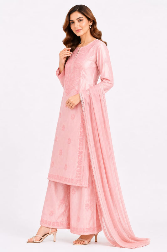 Mul chanderi 3 pcs set - Kurti, Palazzo and Dupatta