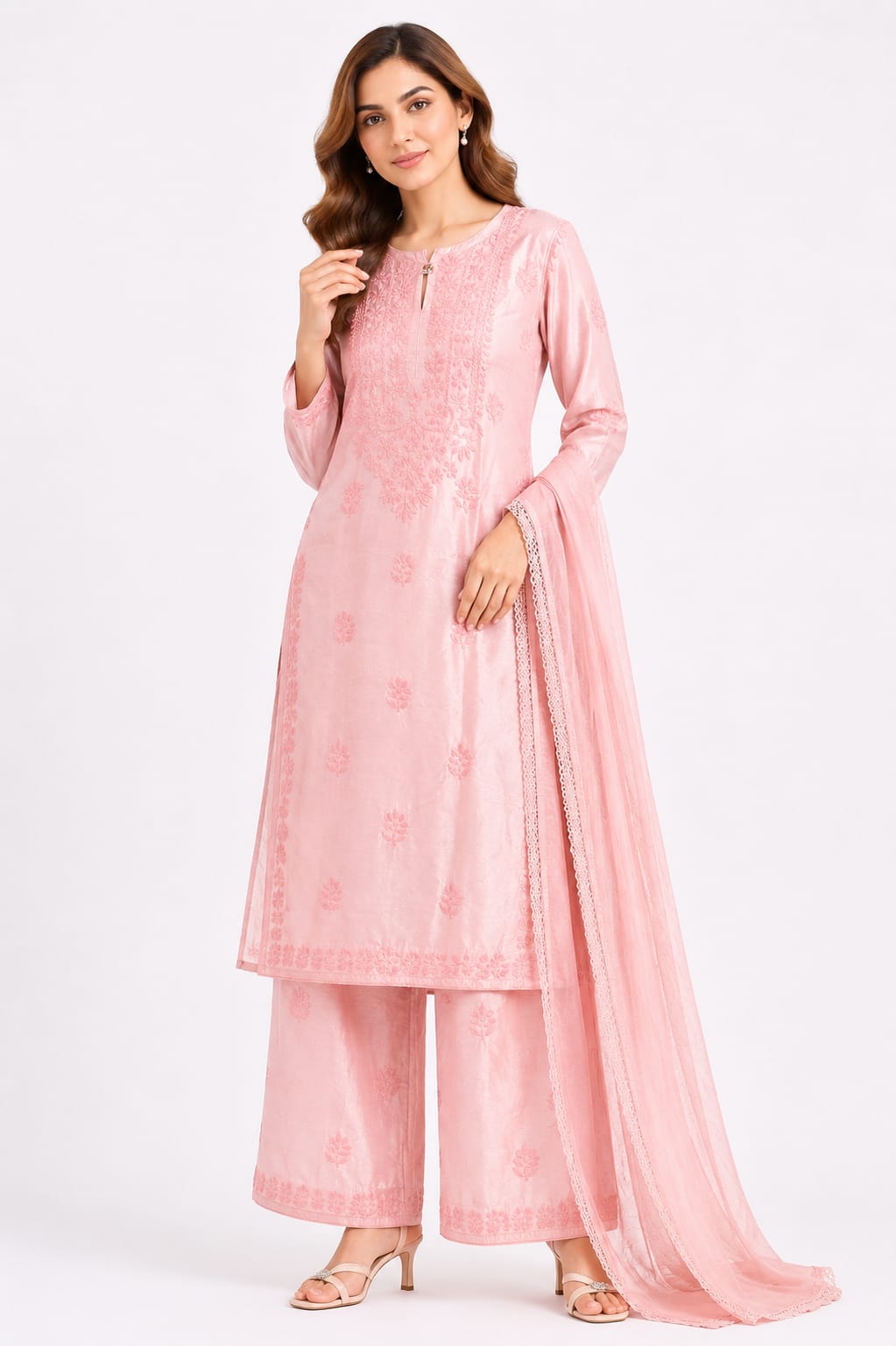 Mul chanderi 3 pcs set - Kurti, Palazzo and Dupatta