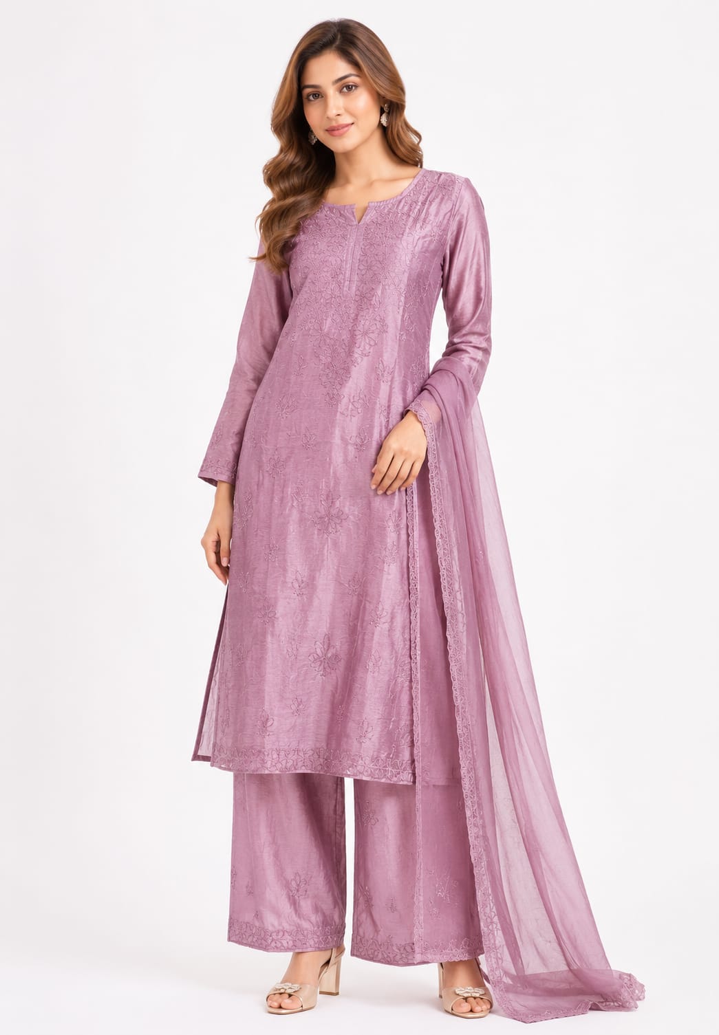 Mul chanderi 3 pcs set - Kurti, Palazzo and Dupatta