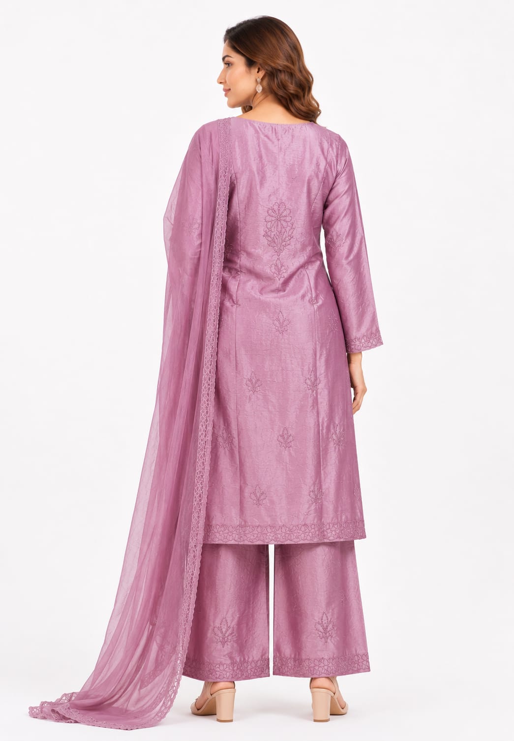 Mul chanderi 3 pcs set - Kurti, Palazzo and Dupatta