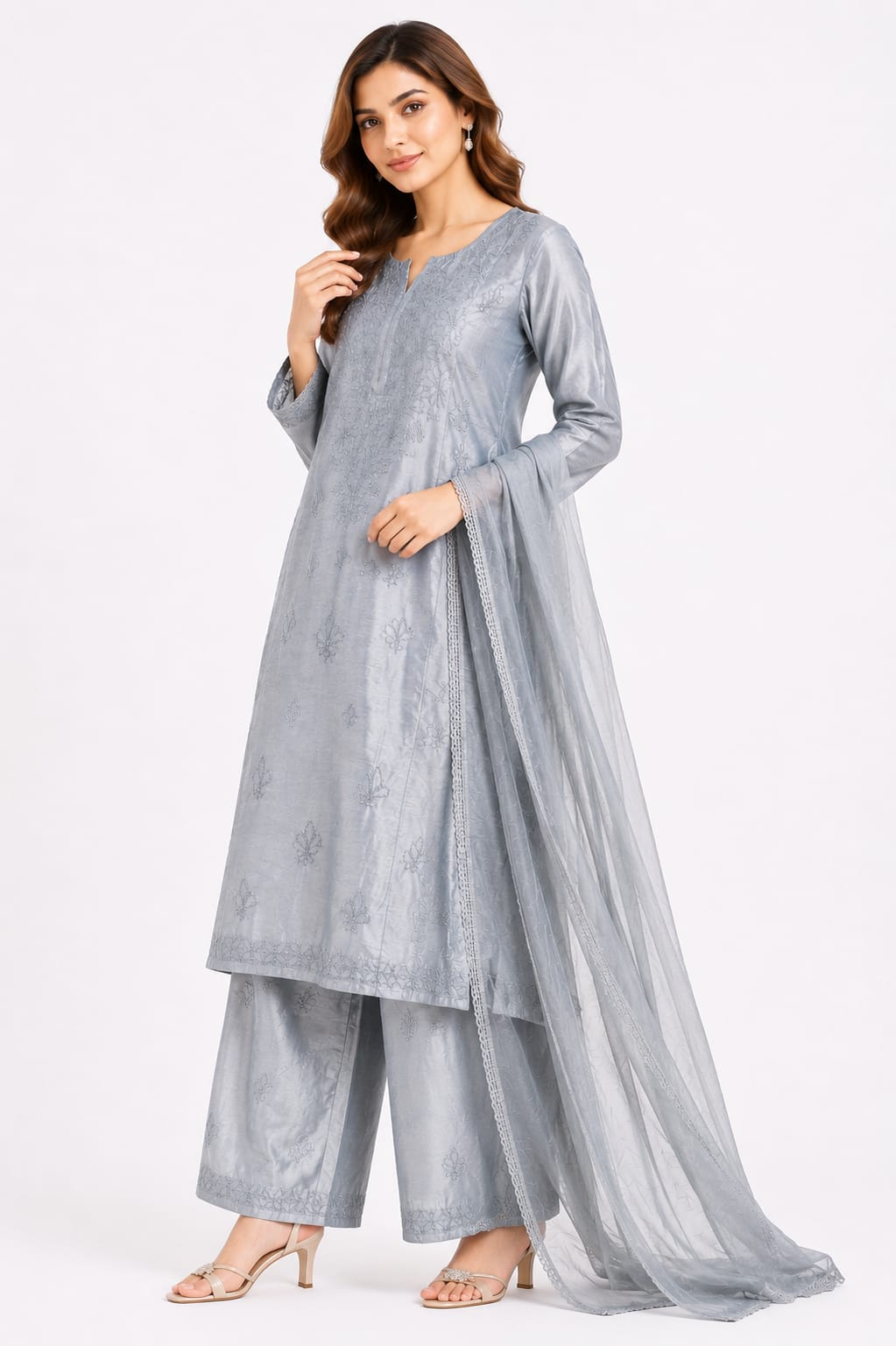 Mul chanderi 3 pcs set - Kurti, Palazzo and Dupatta