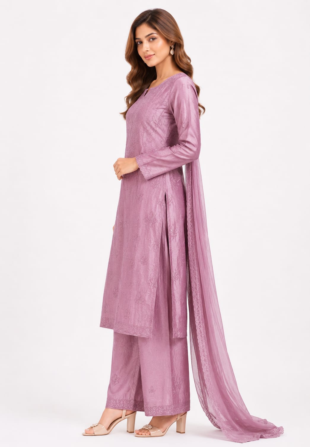 Mul chanderi 3 pcs set - Kurti, Palazzo and Dupatta