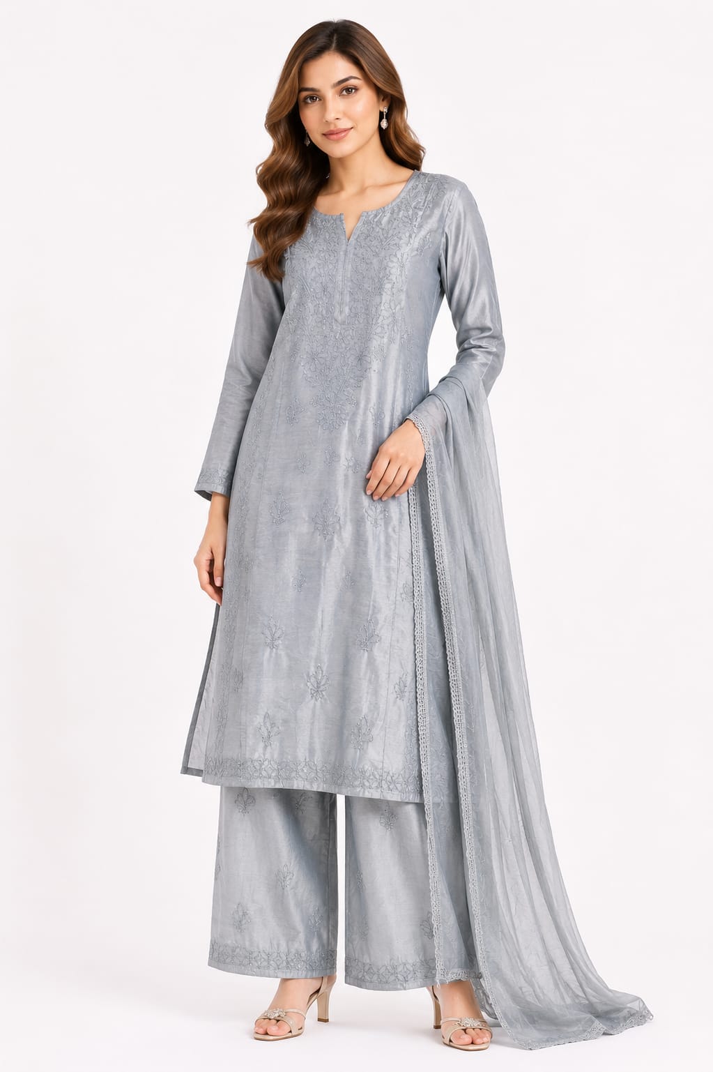 Mul chanderi 3 pcs set - Kurti, Palazzo and Dupatta