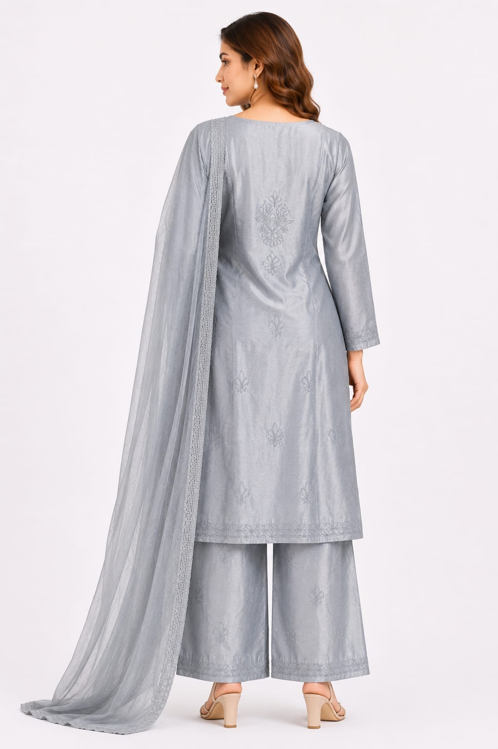 Mul chanderi 3 pcs set - Kurti, Palazzo and Dupatta