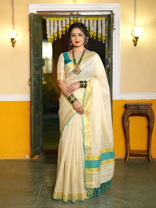 Kasavu Tissue Saree with Turquoise Blue Border and Stripes
