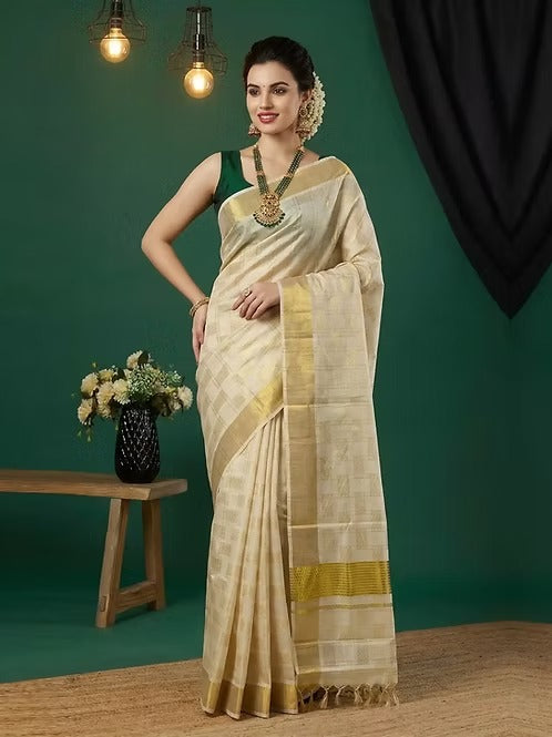 Golden Check Stripe Kasavu Cotton Saree with Tassel