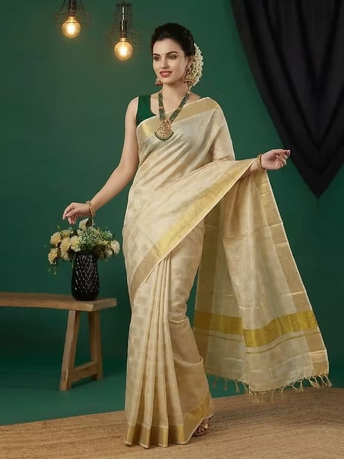 Golden Check Stripe Kasavu Cotton Saree with Tassel
