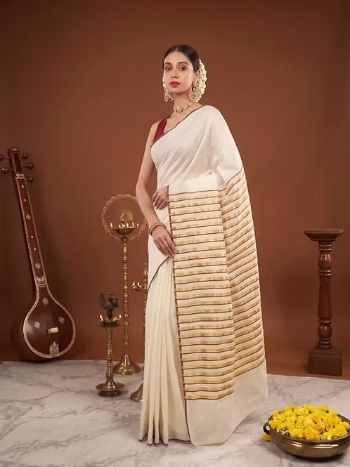 Maroon Golden Stripe Kasavu Cotton Saree