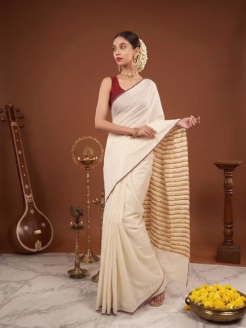 Maroon Golden Stripe Kasavu Cotton Saree
