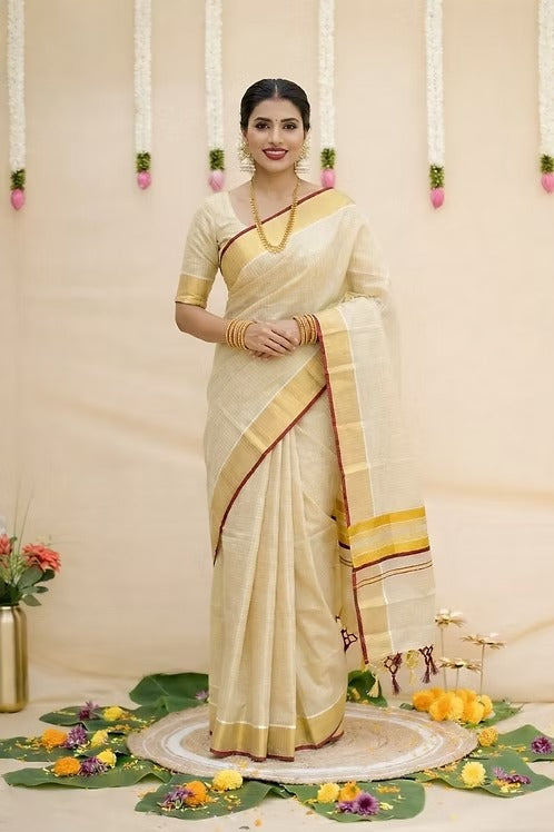 Tiny Block Kasavu Tissue Maroon Border Saree with Blouse