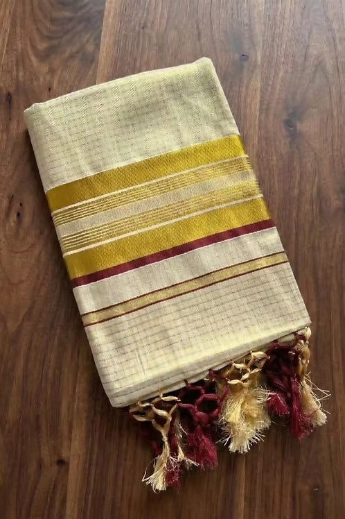 Tiny Block Kasavu Tissue Maroon Border Saree with Blouse