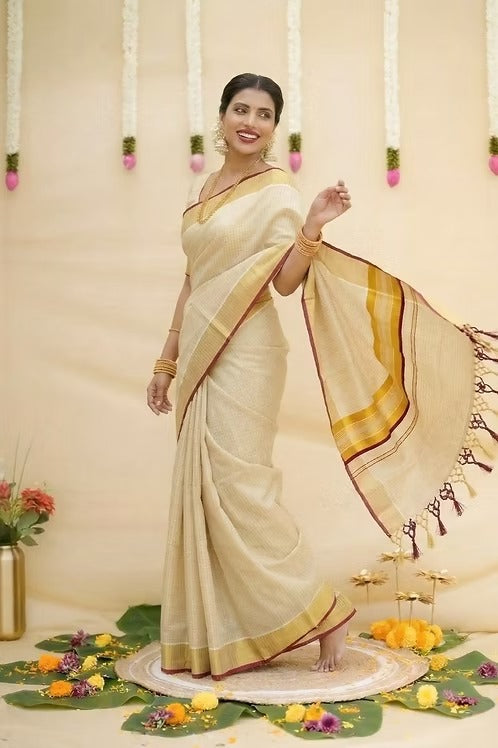 Tiny Block Kasavu Tissue Maroon Border Saree with Blouse